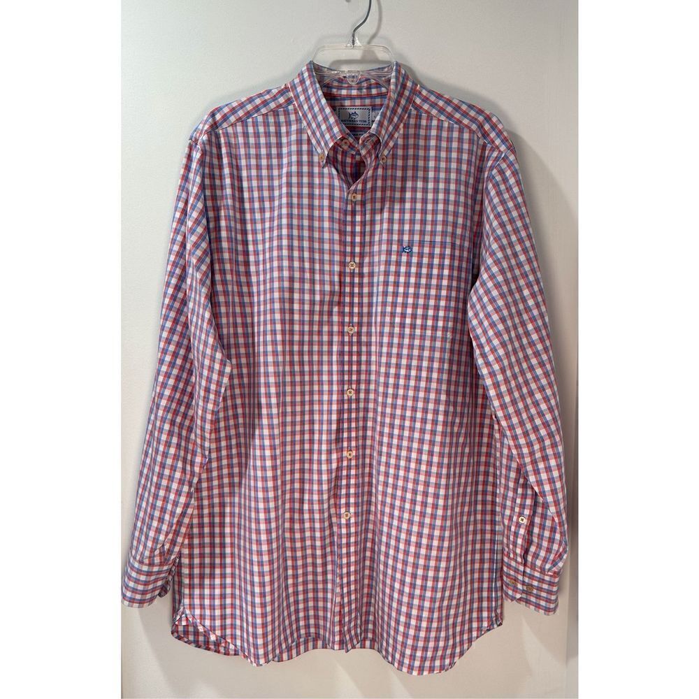 Southern Tide mens blue pink white plaid button long sleeve shirt Large #42-1067